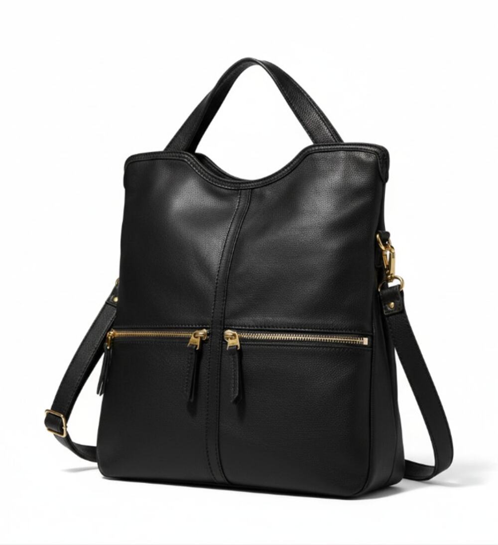 FOSSIL Erin Foldover Cow Hide Leather Tote Bag Black Zip Everyday Work Timeless
